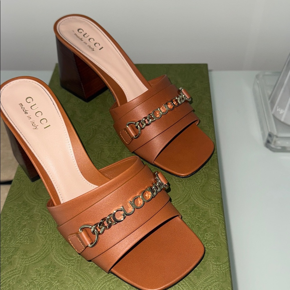 Gucci Tan Leather Block Heel Sandals